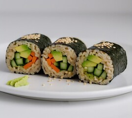 Close up of three sushi rolls with avocado cucumber and carrot on a white plate with wasabi garnish