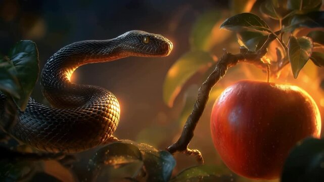 Serpent in the Garden of Eden, a close-up of a snake coiled around a vibrant red apple, illuminated by soft light, evoking themes of temptation and knowledge. From the book of Genesis.