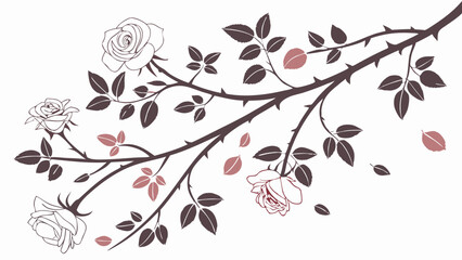 Rose Branch Vector Illustration with Flowers Leaves and Thorns Elegant Floral Nature Design Element Decoration Beauty