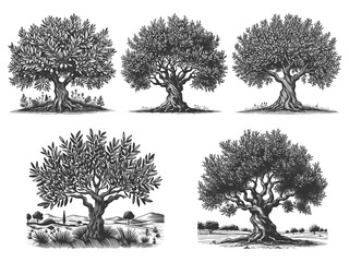 olive tree Set collection bundle sketch engraving generative ai raster illustration. Scratch board imitation. Black and white image.
