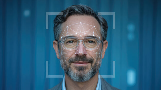 A man with glasses is smiling and his face is being scanned. Concept of technology and modernity, as well as a sense of security and trust in the scanning process - Powered by Adobe