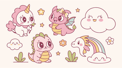 Sweet Adorable Cute Cartoon Fantasy Set Unicorn Dragon Rainbow for Kids Nursery Illustration