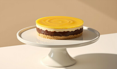 Tarta de maracuyá con base de galleta y capa de chocolate servida sobre pedestal blanco con fondo claro