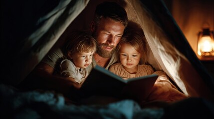 Heartwarming Bedtime Story Moment: Dad Reading to Kids in a Cozy Tent - Capturing Family Bonding and Childhood Memories