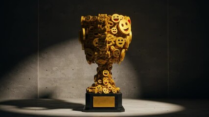 Emoji Trophy in Spotlight: An intricately designed golden trophy, adorned with a multitude of emoji faces, stands under a spotlight, evoking themes of achievement, recognition.