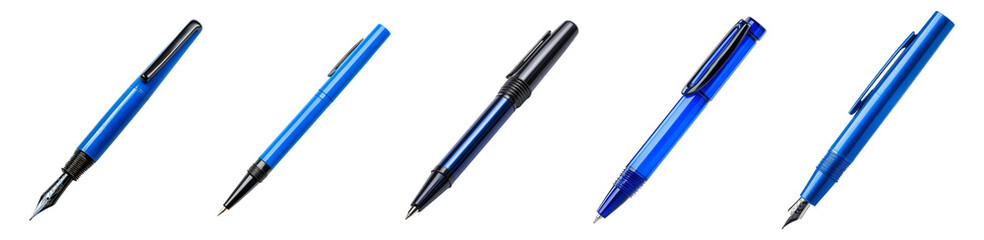 Variety of Blue Ballpoint Pens on White Background for Office Use, Isolated on Transparent, white background