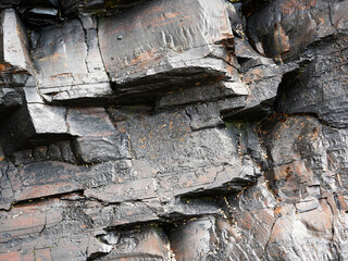 Layered basalt rock face with fractures and rugged structure