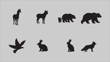 Obraz premium Silhouette Icons Giraffe, Deer, Bears, Rabbit, Fox, and Bird – Wildlife Vector Set