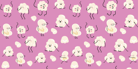 Seamless pattern with cartoon kawaii popcorn characters. Cinema, movie theater concept. Funny movie mascot. Vector illustration in doodle retro style on pink background