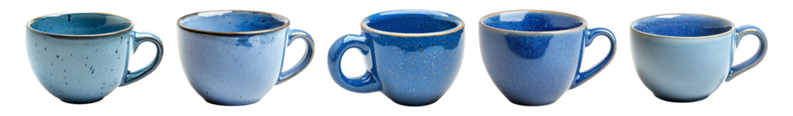 Collection of Vintage Blue Coffee Cups on White Background, Isolated on Transparent, white background