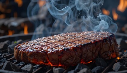 Thick juicy steak grilling on open flame, smoke rising, glowing coals, blurred fiery background, rich texture and mouth-watering details