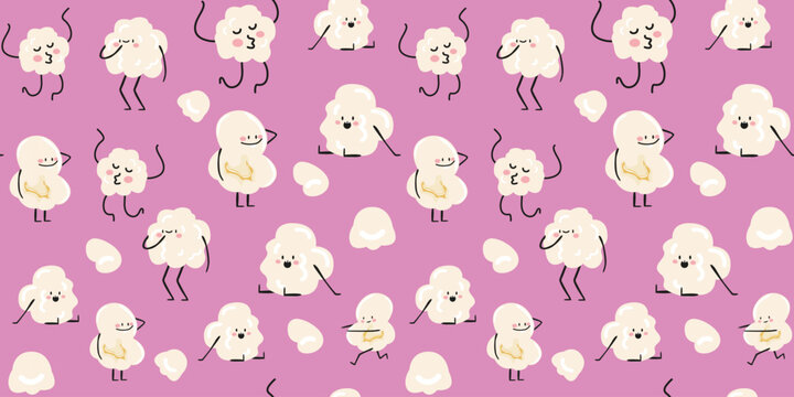 Fototapeta Seamless pattern with cartoon kawaii popcorn characters. Cinema, movie theater concept. Funny movie mascot. Vector illustration in doodle retro style on pink background