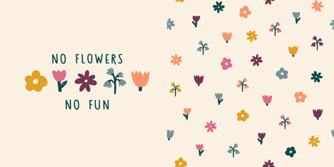 Vector hand drawn flowers and seamless pattern for kids