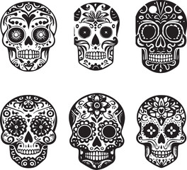Black and White Vector Set of Decorative Sugar Skulls for Dia de los Muertos Celebrations Featuring Intricate Floral Patterns in Traditional Mexican Folk Art Style