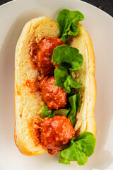 Meatball sandwich fast food meat dish fresh delicious gourmet food background on the table rustic food top view copy space