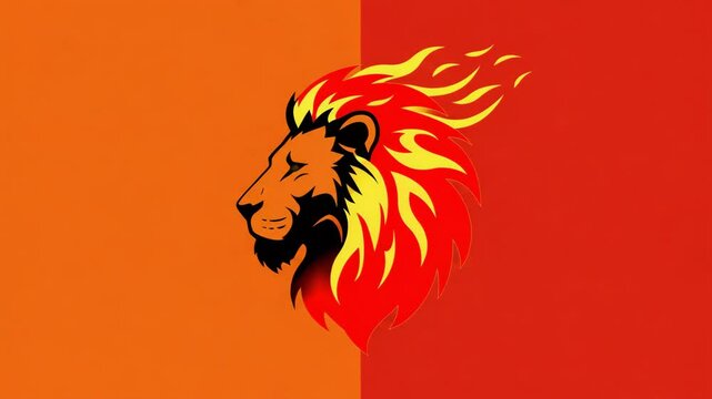 Minimalist Lion Profile with Stylized Flaming Mane Flowing Smoothly on Split Orange and Red Background