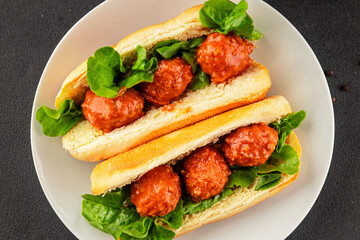 Meatball sandwich fast food meat dish fresh delicious gourmet food background on the table rustic food top view copy space