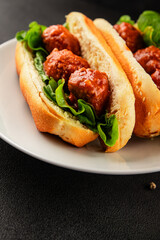 Meatball sandwich fast food meat dish fresh delicious gourmet food background on the table rustic food top view copy space
