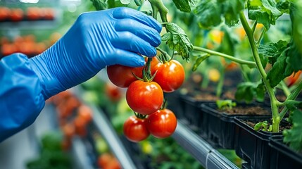 A gloved hand harvests tomatoes in a greenhouse