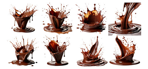 Dynamic Chocolate Splashes and Drips on Black Background, Isolated on Transparent, white background