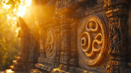 Obraz premium Carved stone wall with circular patterns illuminated by sunlight in an outdoor setting.