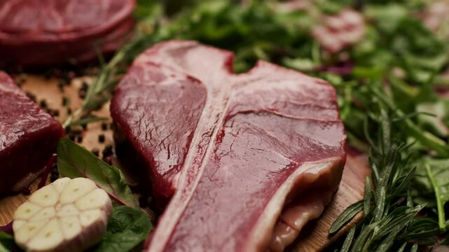 Raw Beef Steaks on Table, T-bone and Osso Buco cuts, handheld camera