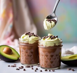 Two jars of chocolate avocado pudding with cream topping and chocolate shavings being spooned out
