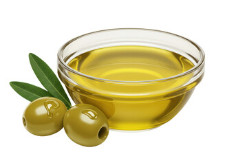 Isolated Glass Bowl of Golden Olive Oil with Green Olives