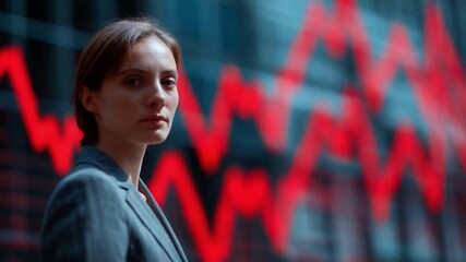 Navigating the Economic Downturn: A determined professional stands resolute amidst a backdrop of cascading financial market indicators, symbolizing resilience.