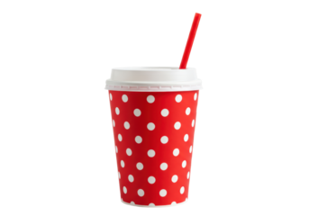 Isolated Red Polka Dot Paper Cup with Lid and Straw for Refreshing Beverage