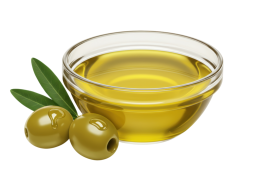 Isolated Glass Bowl of Golden Olive Oil with Green Olives - Powered by Adobe