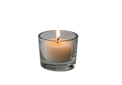 Isolated Glass Votive Candle Holder with Burning Wax Candle