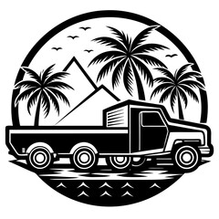 Truck with palm trees and mountains isolated on white background