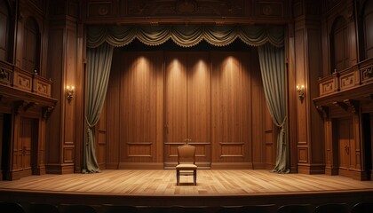 Vintage concert hall stage, elegant curtain pulled aside, empty music stand and chair, warm lighting, 