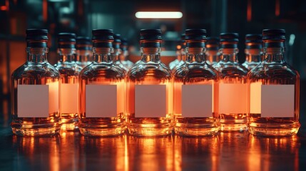 Row of Amber Liquid Bottles with Blank Labels and Cork Stoppers