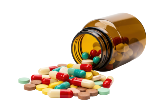 Isolated Pills Spilling from a Brown Medicine Bottle