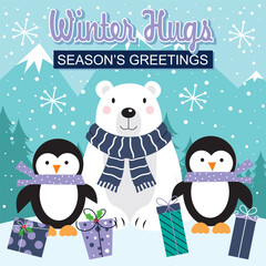 Winter Hugs Season's Greetings with Polar Bear and Penguins