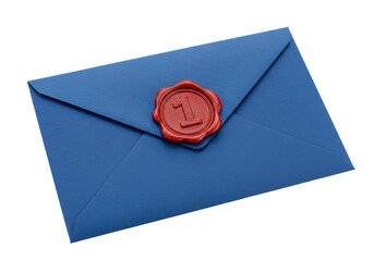 Isolated Blue Envelope with Red Wax Seal Number One