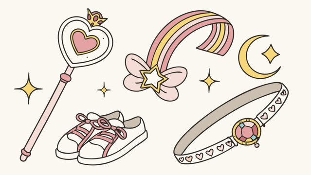 Cute pastel kawaii magical girl accessories set wand star moon shoes collar vector illustration
