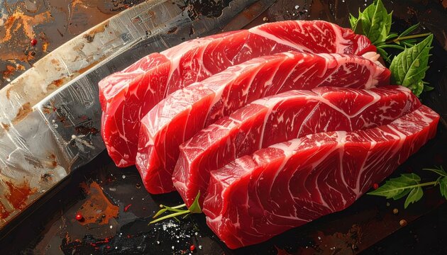 Fresh Raw Beef Steaks Sliced on Rustic Cutting Board Gourmet Meat Ready for Cooking Delicious Red Meat