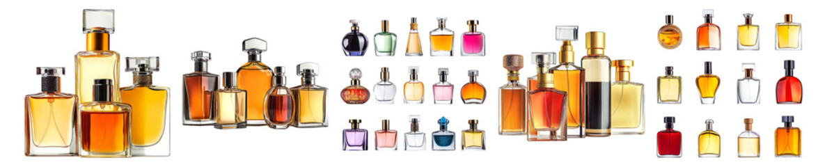 Assorted Glass Bottles with Colorful Liquid for Beauty and Fragrance, Isolated on Transparent, white background