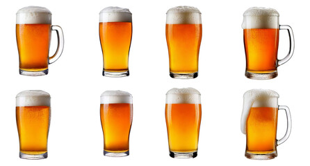 Variety of Beer Glasses with Foam and Different Levels of Fill, Isolated on Transparent, white background