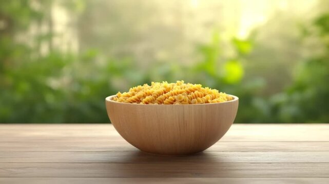 Dry fusilli pasta uncooked in wooden bowl on wooden table with blurred green background natural light warm sunlight cozy atmosphere Italian food dry pasta food pasta