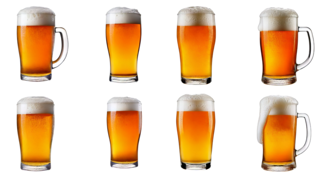 Variety of Beer Glasses with Foam and Different Levels of Fill, Isolated on Transparent, white background