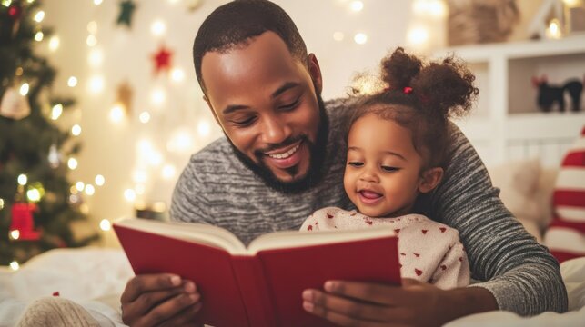 Father and daughter reading book together at Christmas