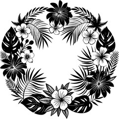 Tropical floral wreath with hibiscus and monstera leaves isolated on white