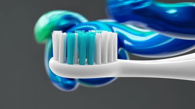 Brushing technique demonstration with colorful toothpaste swirl in background