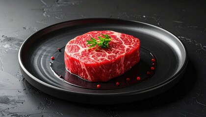 Raw Beef Steak on Black Plate Gourmet Food  Rich Marbling Close Up