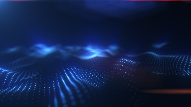 Abstract blue digital particles forming wave patterns with soft glow, futuristic tech background