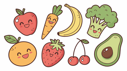 Cute cartoon fruits and vegetables set. Smiling healthy food characters collection. Kawaii doodle style icons. Apple carrot banana broccoli.